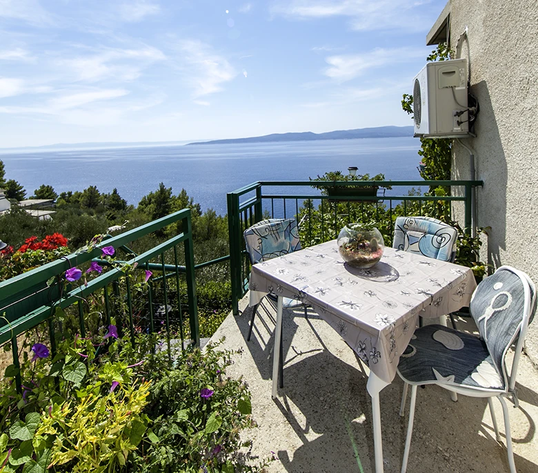 Apartments Mila, Brela - balcony with wide panoramic view on Adriatic sea, blue sea, blue sky, green nature