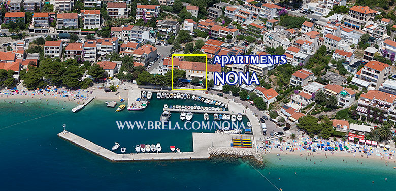 position of apartments Nona in Brela, aerial, sea side view